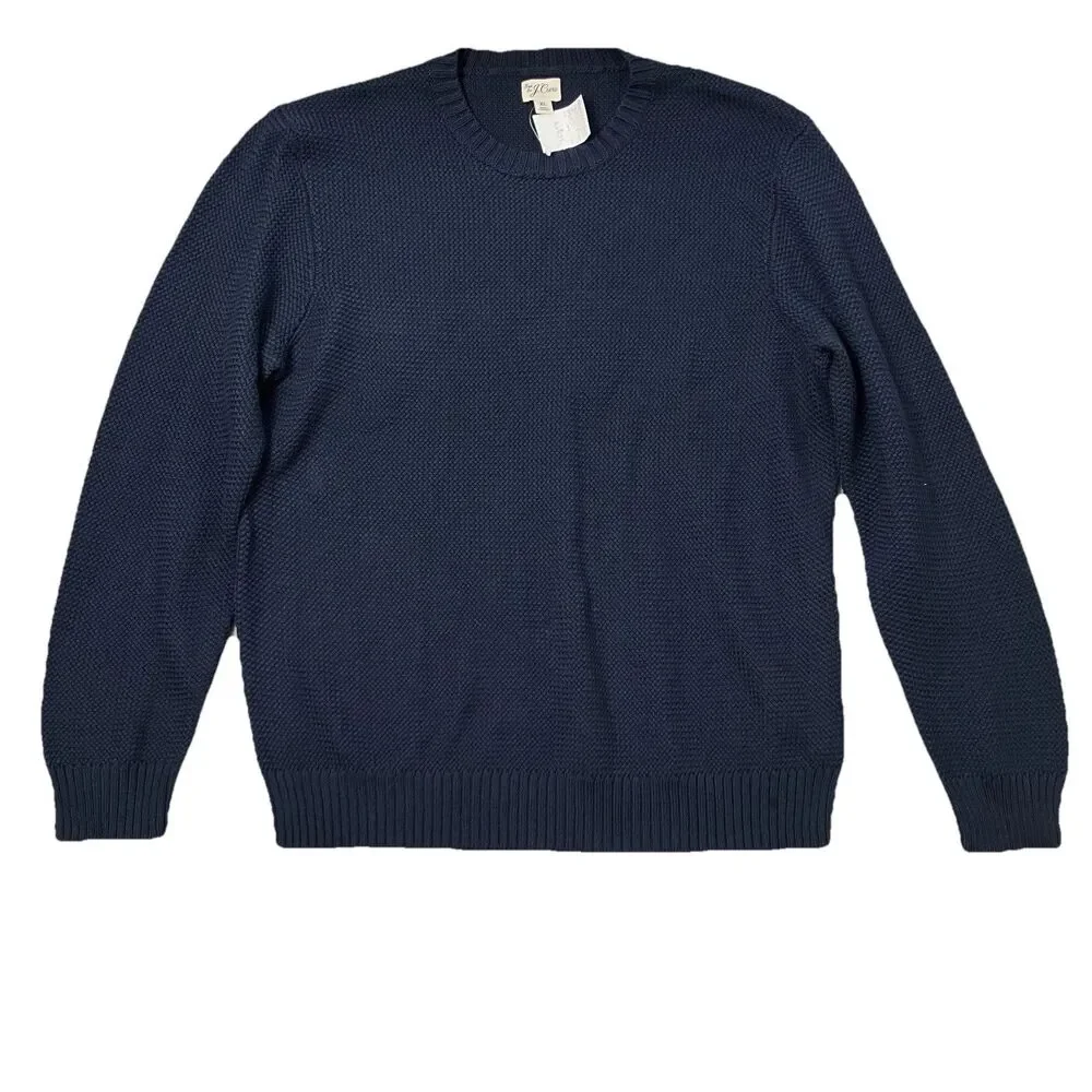 J Crew Sweater Mens XL‎ Navy Blue Premium Basket-stitch Cotton Crewneck Preppy